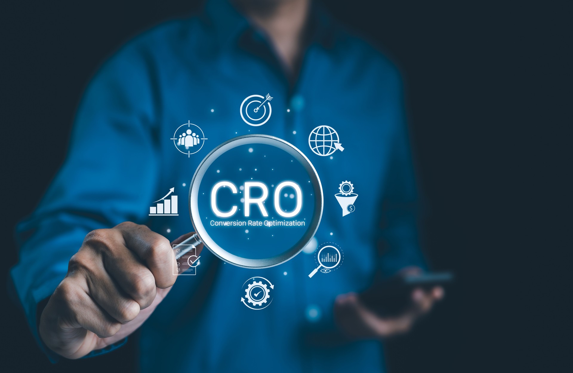 CRO, Conversion Rate Optimization Concept. Businessman holding magnifying glass focusing on the text "CRO" with digital icons representing conversion rate optimization strategies. Business strategy,