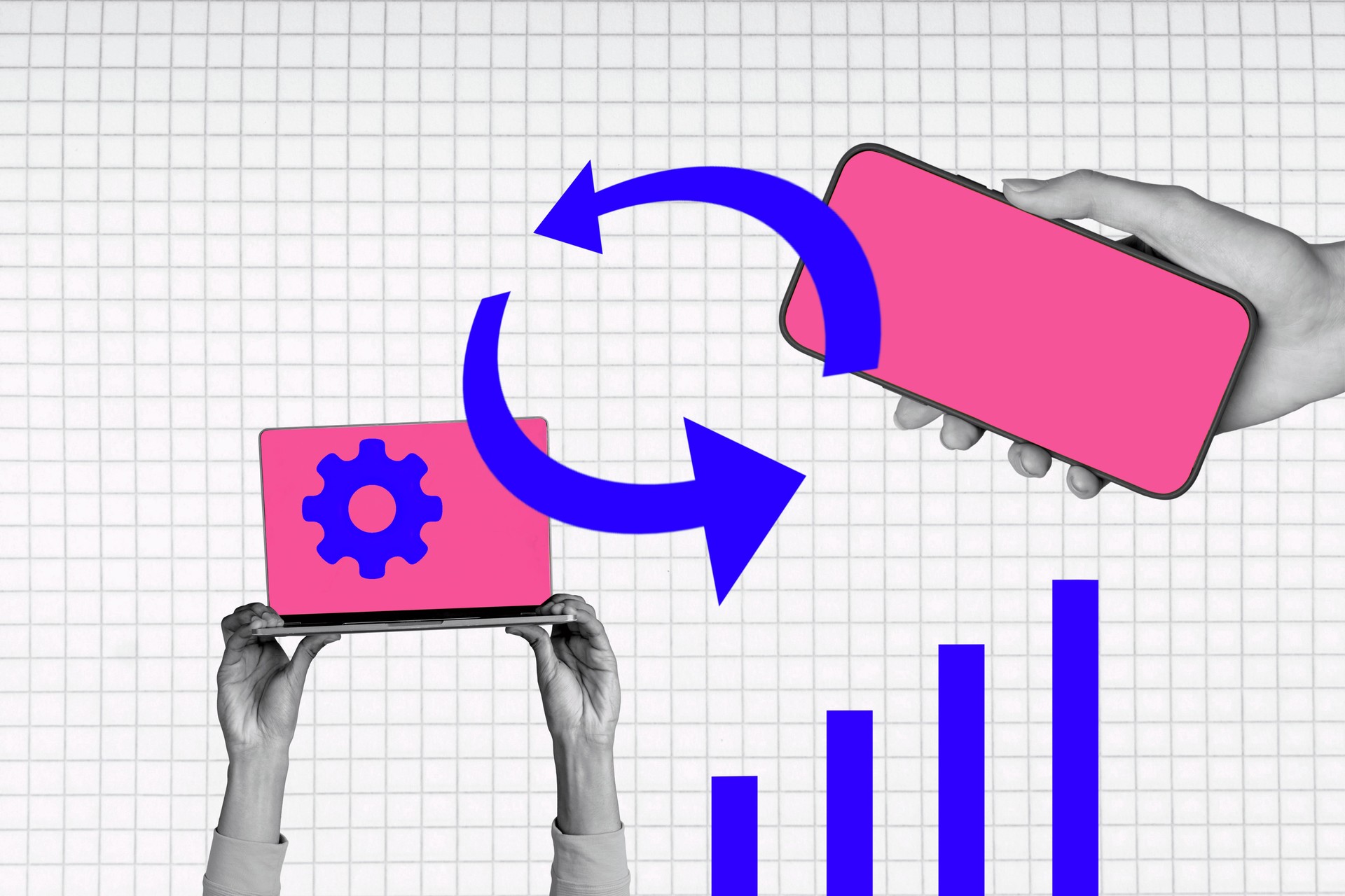 Creative collage picture smartphone screen laptop internet network signal transfer cogwheels gears setting configuration